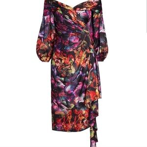 Theia Purple and Orange Wrap Tie Front Cocktail Dress